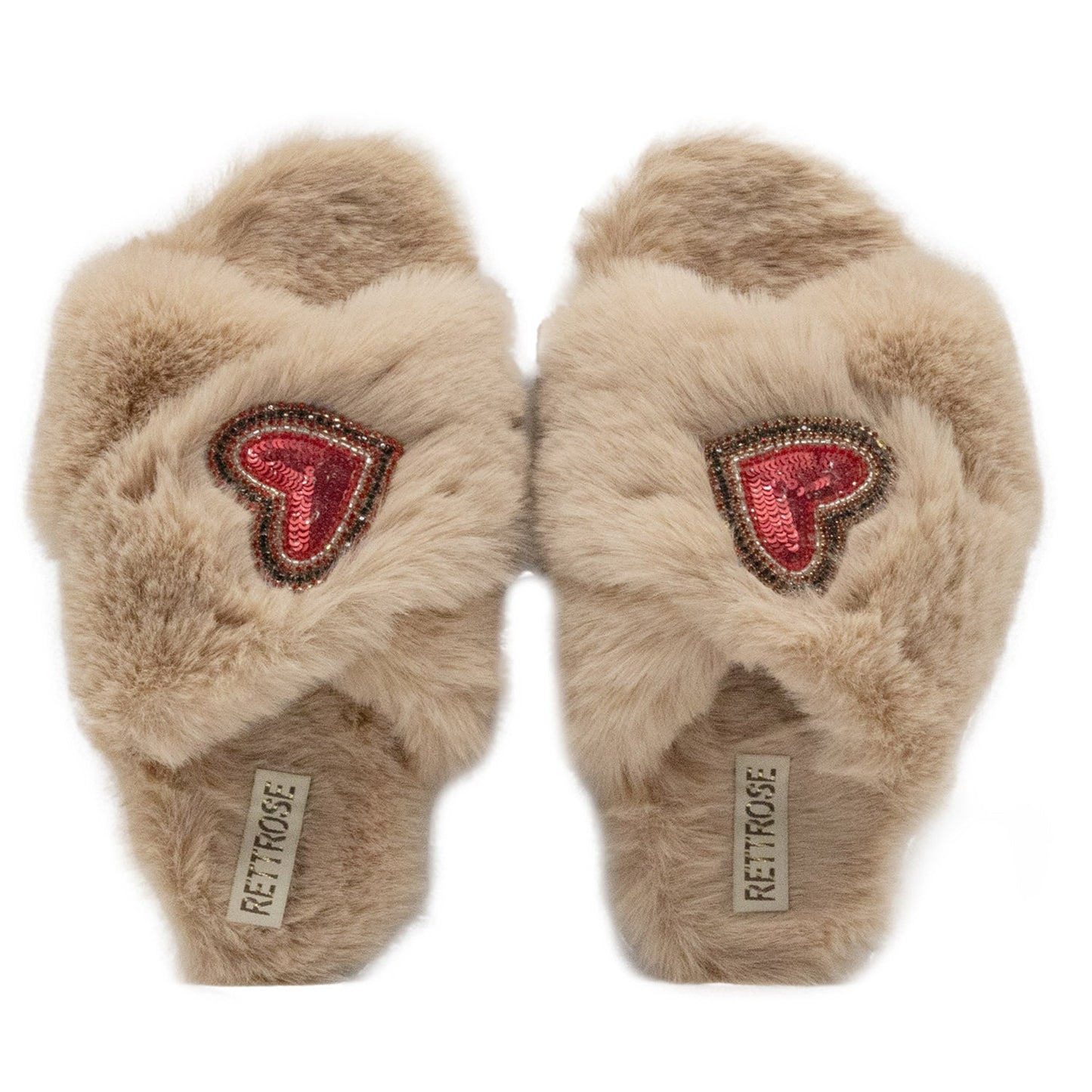 RETTROSE Amour Mink Women’s Beige Luxury Faux Fur Slippers – Handmade Plush Indoor Footwear with Diamanté Heart Embellishment Rettrose