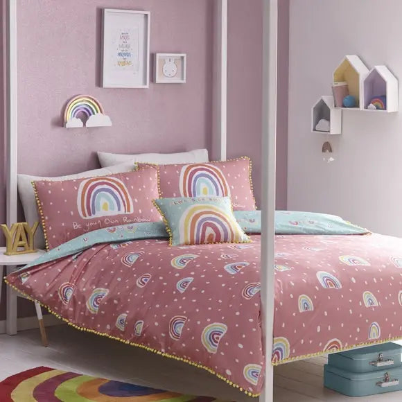 Rainbow Pom Pom Single Duvet Cover and Pillowcase Set Dunelm