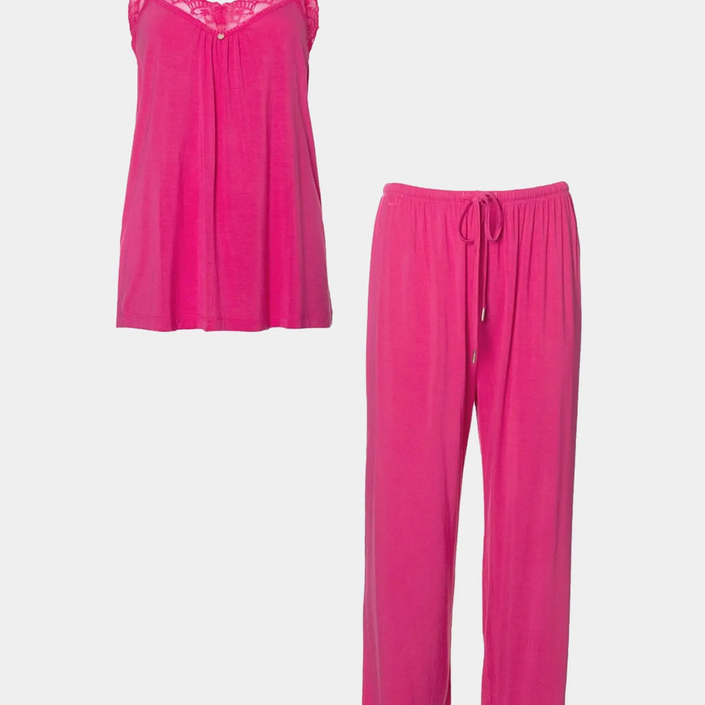 Raspberry Bamboo Lace Cami Cropped Trouser Pyjama Set Pretty You London