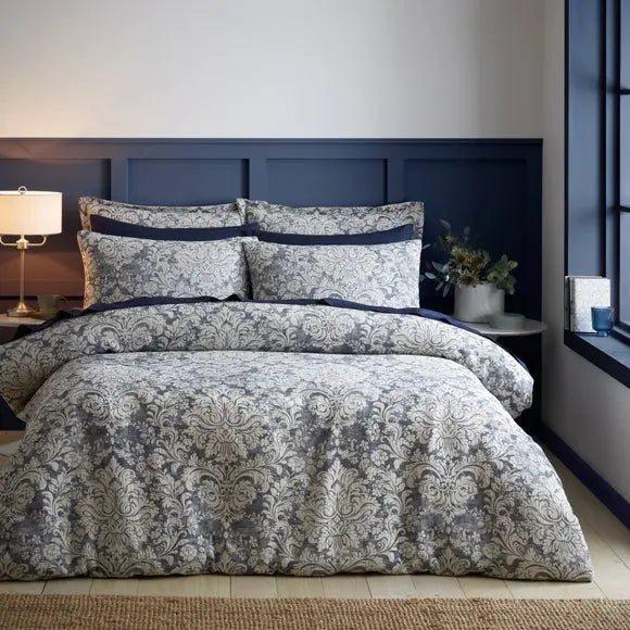 Rayna Damask Jacquard Blue Duvet Cover and Pillowcase Set Dunelm