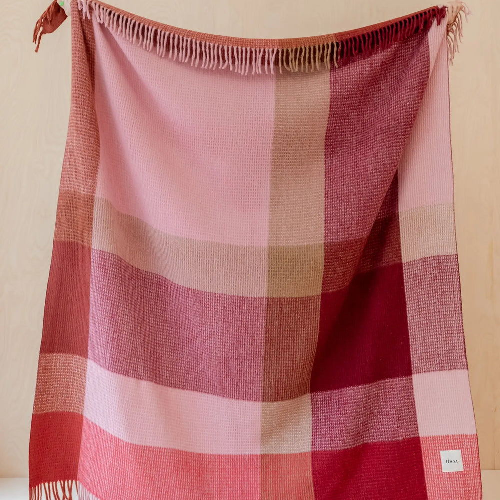 Recycled Wool Blanket in Berry Waffle Block Check TartanBlanketCo