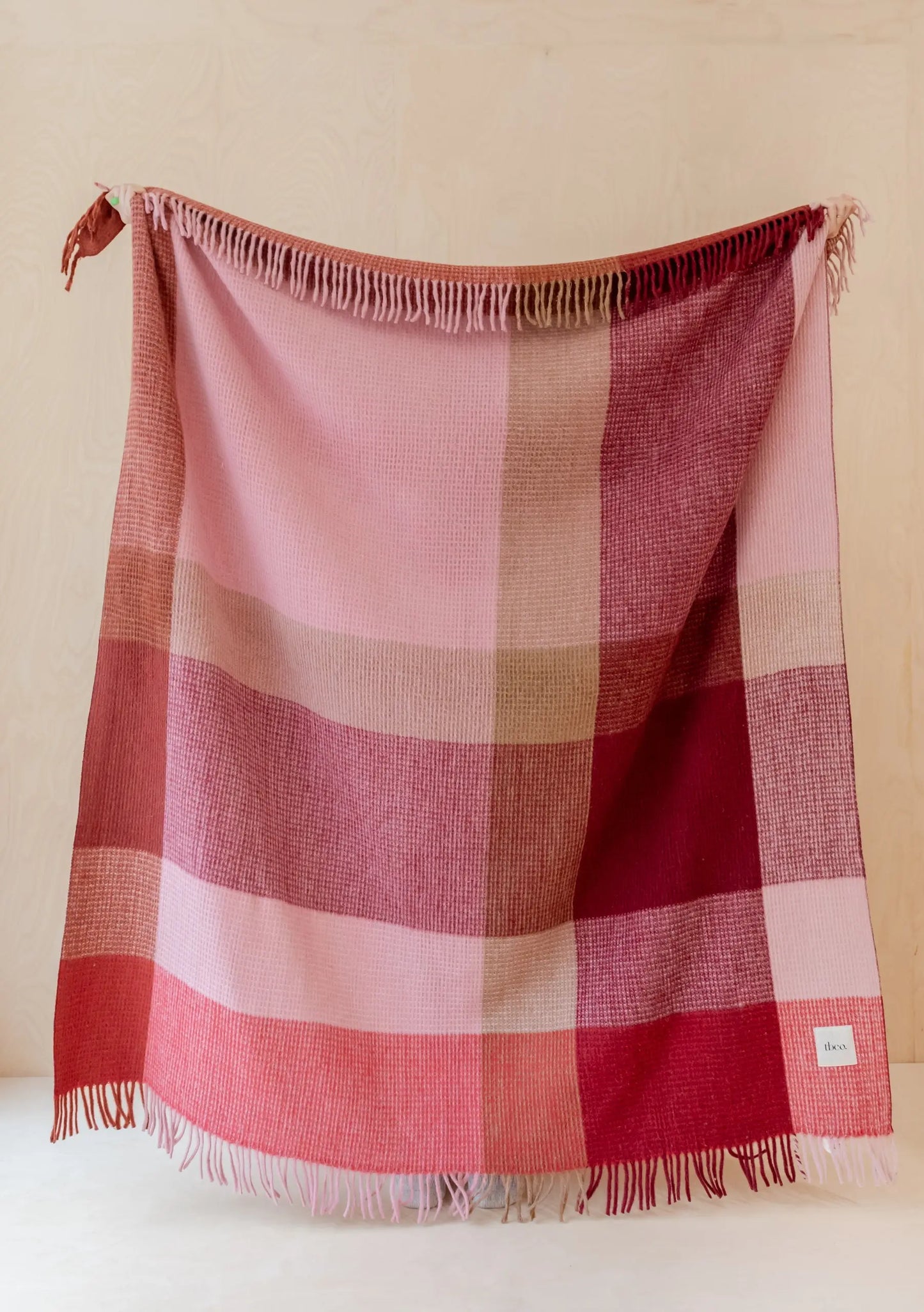 Recycled Wool Blanket in Berry Waffle Block Check TartanBlanketCo