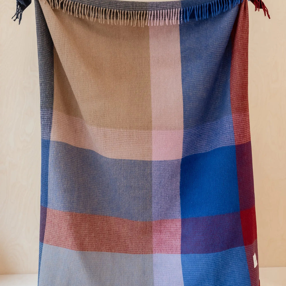 Recycled Wool Blanket in Navy Waffle Block Check TartanBlanketCo