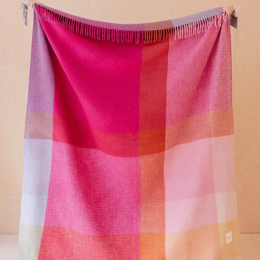 Recycled Wool Extra Large Blanket in Apricot Frame Check TartanBlanketCo