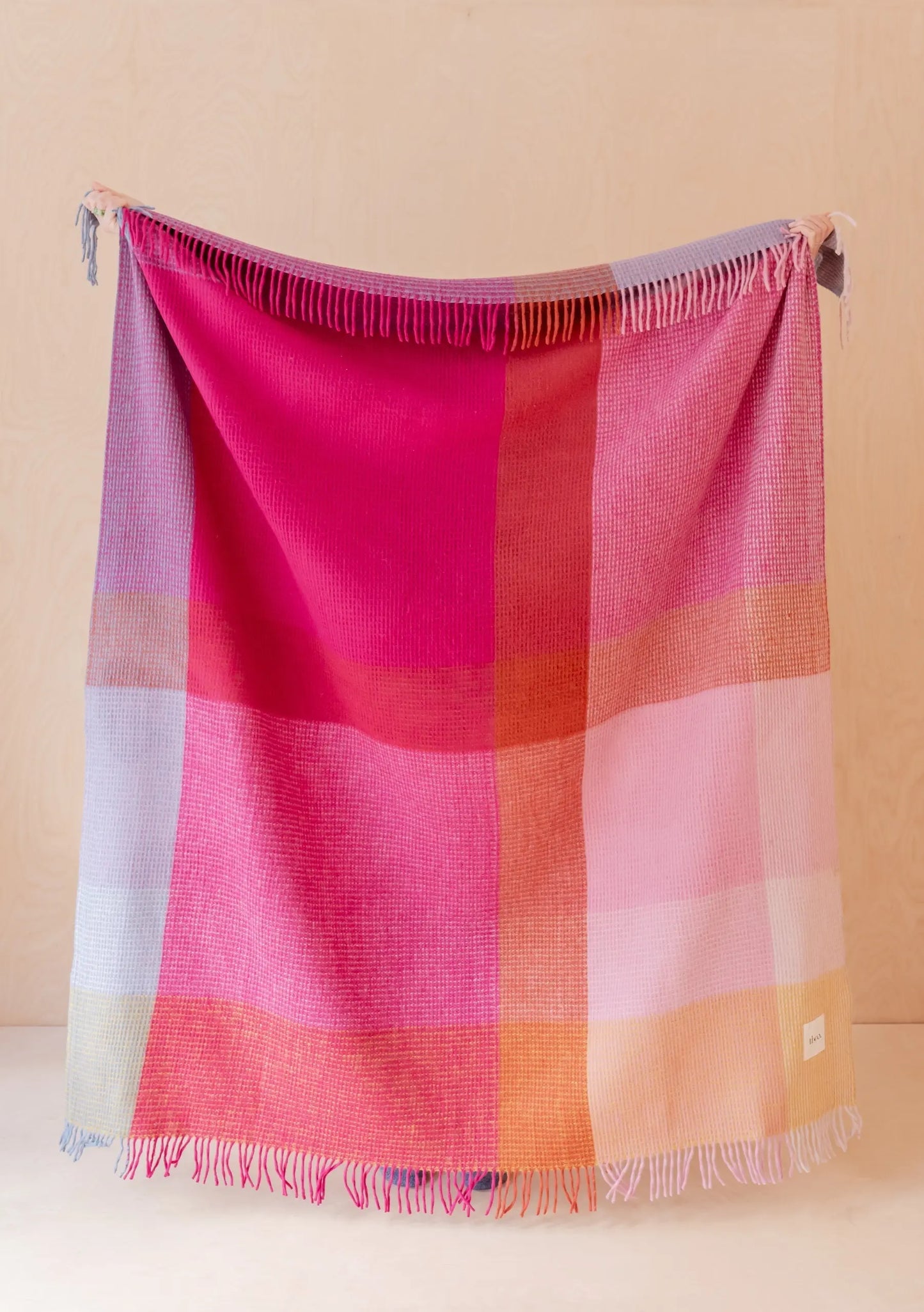Recycled Wool Extra Large Blanket in Apricot Frame Check TartanBlanketCo