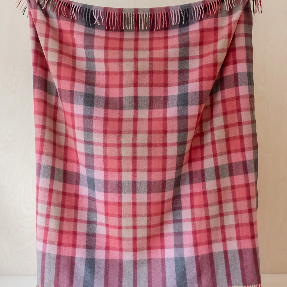 Recycled Wool Extra Large Blanket in Berry Herringbone Block Check TartanBlanketCo