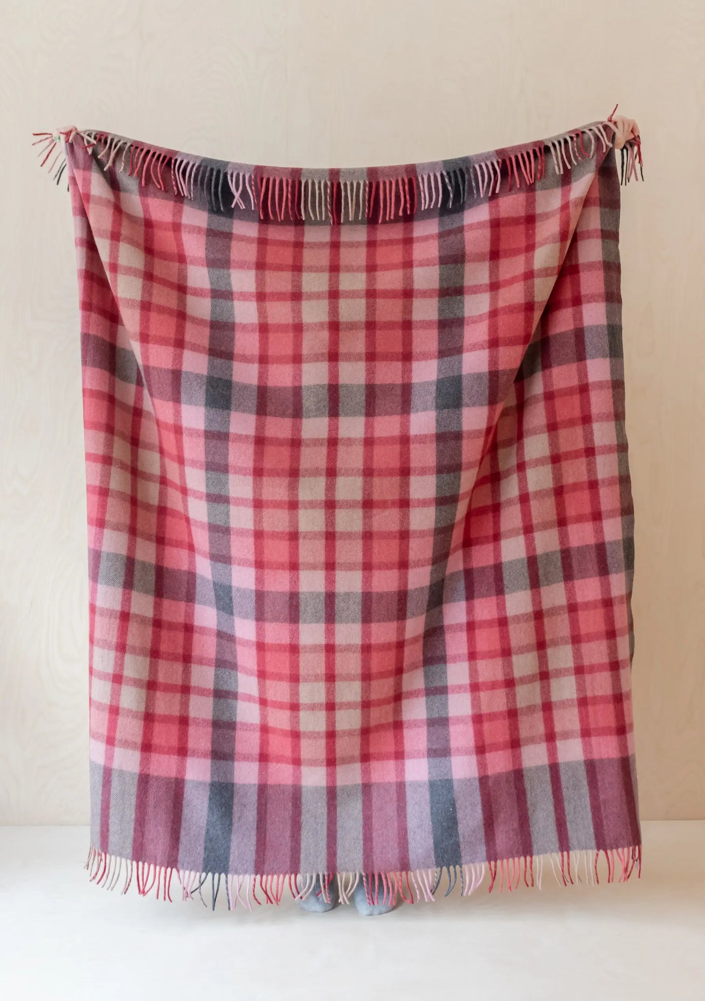 Recycled Wool Extra Large Blanket in Berry Herringbone Block Check TartanBlanketCo