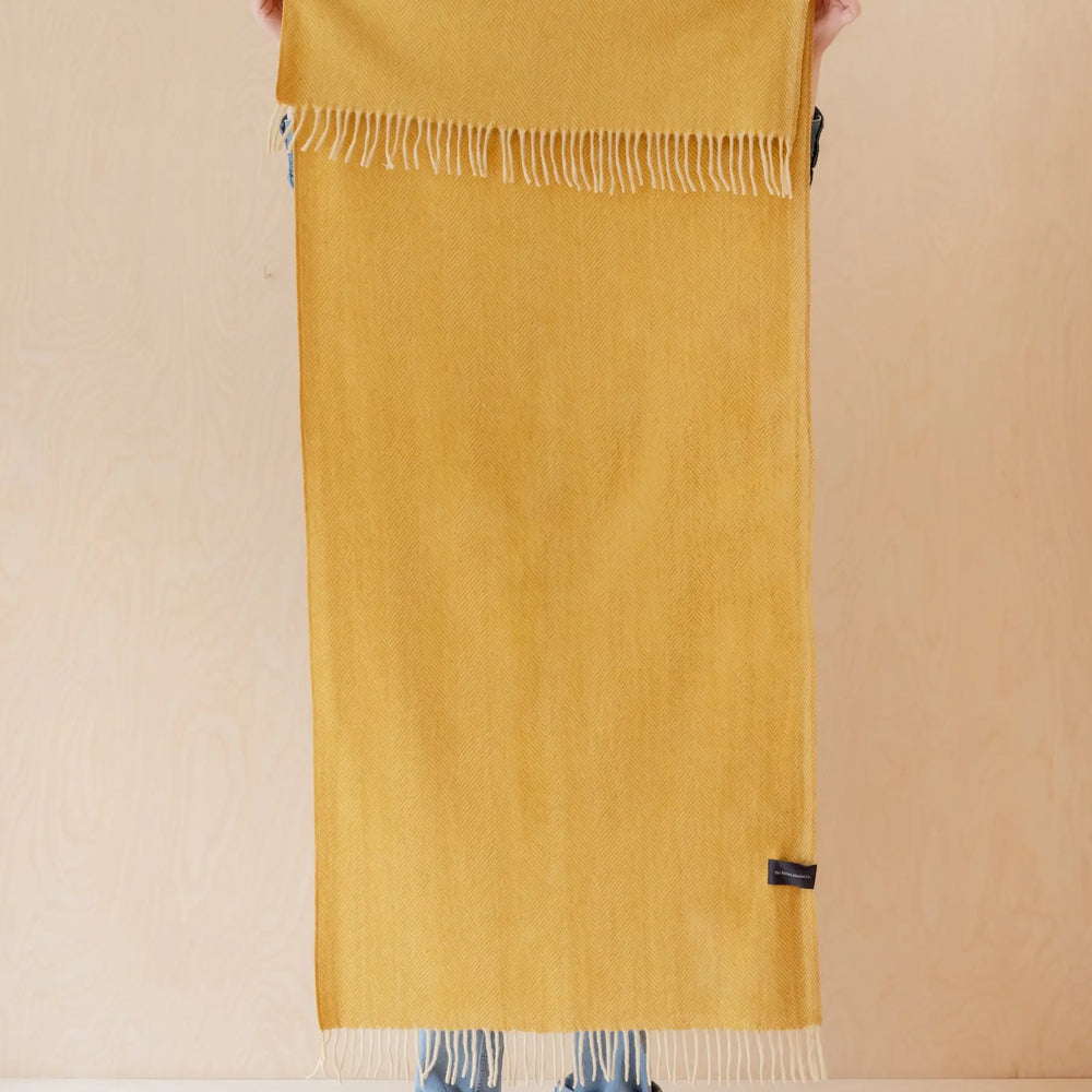 Recycled Wool Kids Blanket in Mustard Herringbone TartanBlanketCo