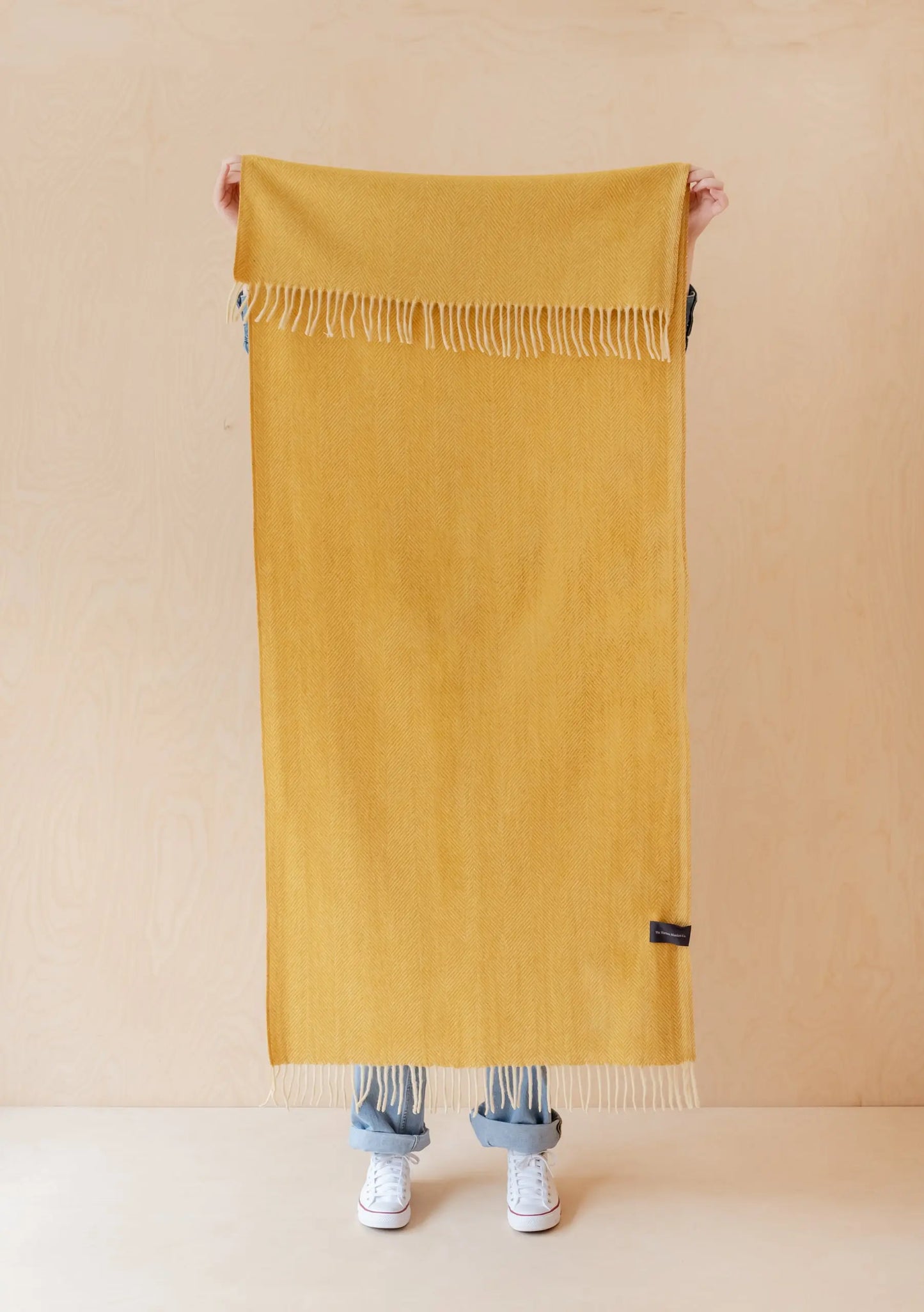 Recycled Wool Kids Blanket in Mustard Herringbone TartanBlanketCo