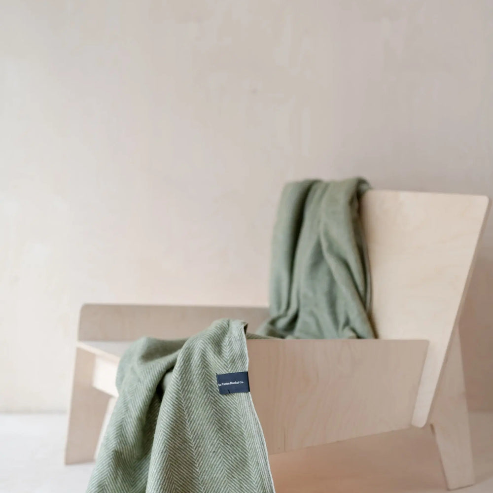 Recycled Wool Small Blanket in Olive Herringbone TartanBlanketCo