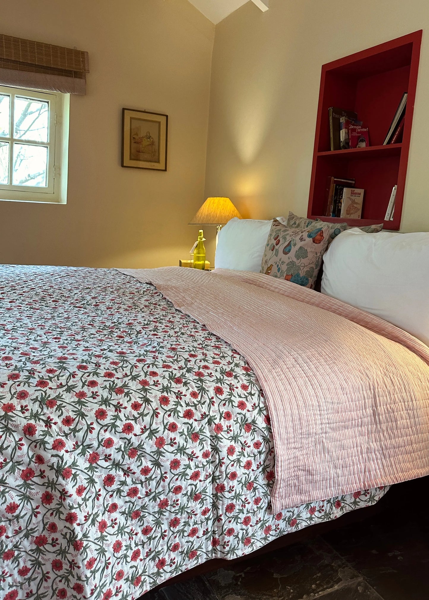 Red Floral Summer Pique Bed Quilt Kapara London