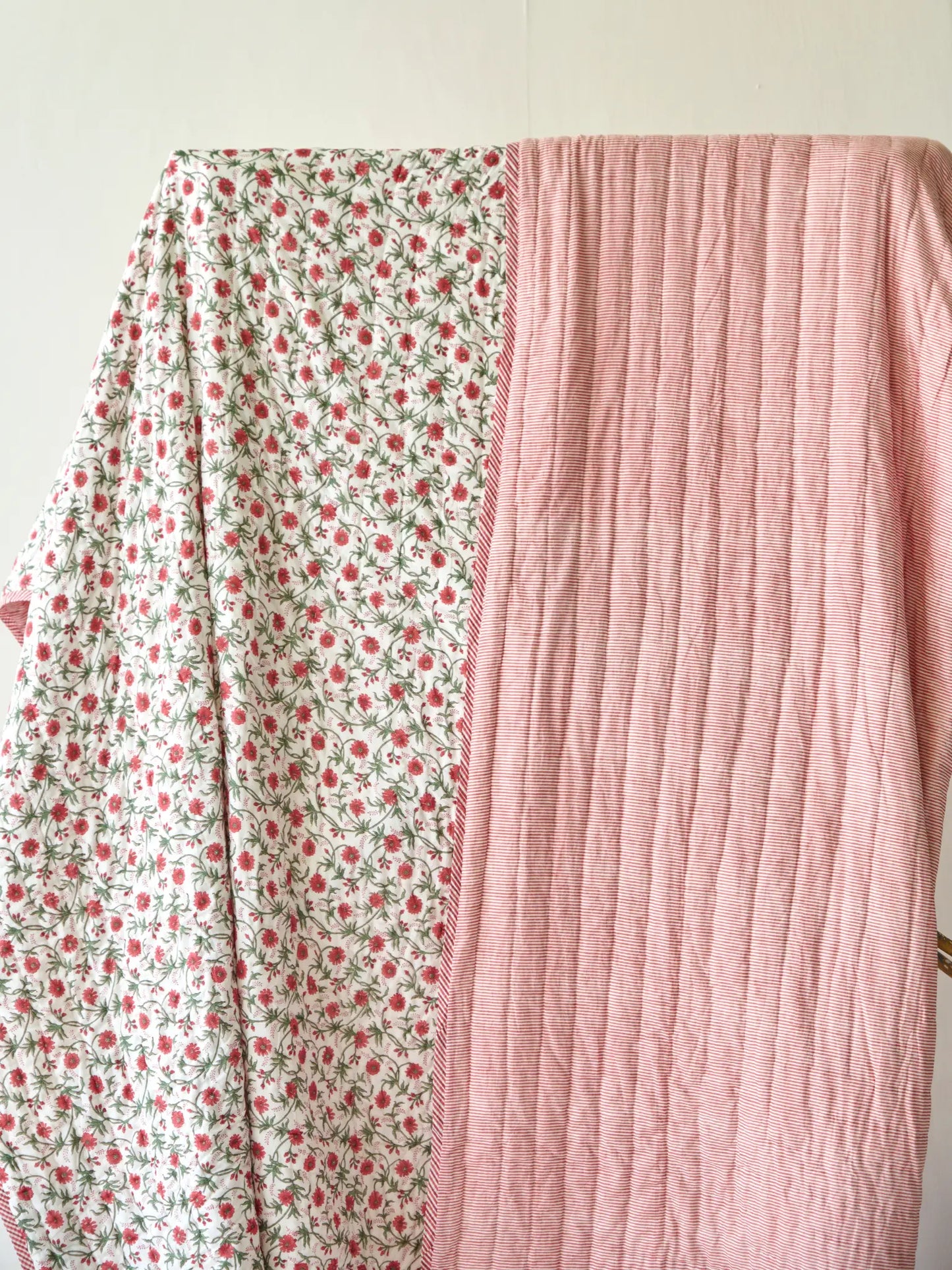 Red Floral and Stripe Bed Quilt Kapara London
