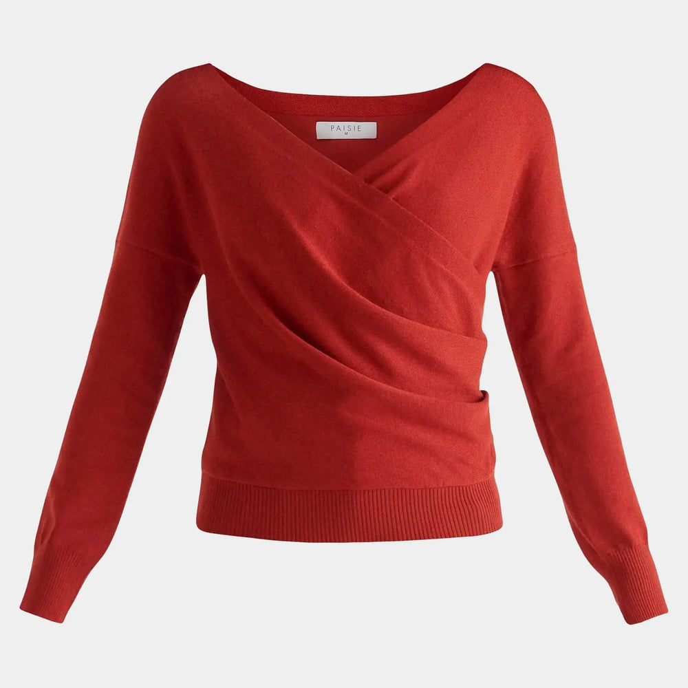 Red Knitted Wrap Top With Long Sleeves Paisie