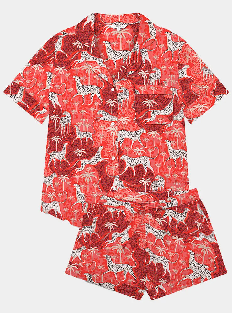 Red Leopard Women's Satin Pyjama Short Set Myza