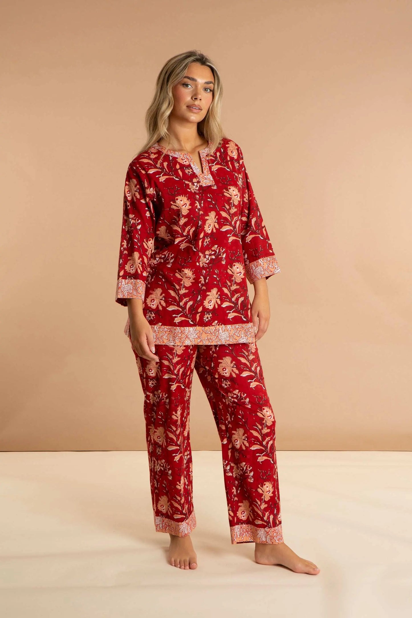 Red Rubra Women's Floral Cotton Pyjama Trouser Set inara