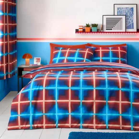 Red & Blue Neon Checks Reversible Duvet Cover and Pillowcase Set Dunelm