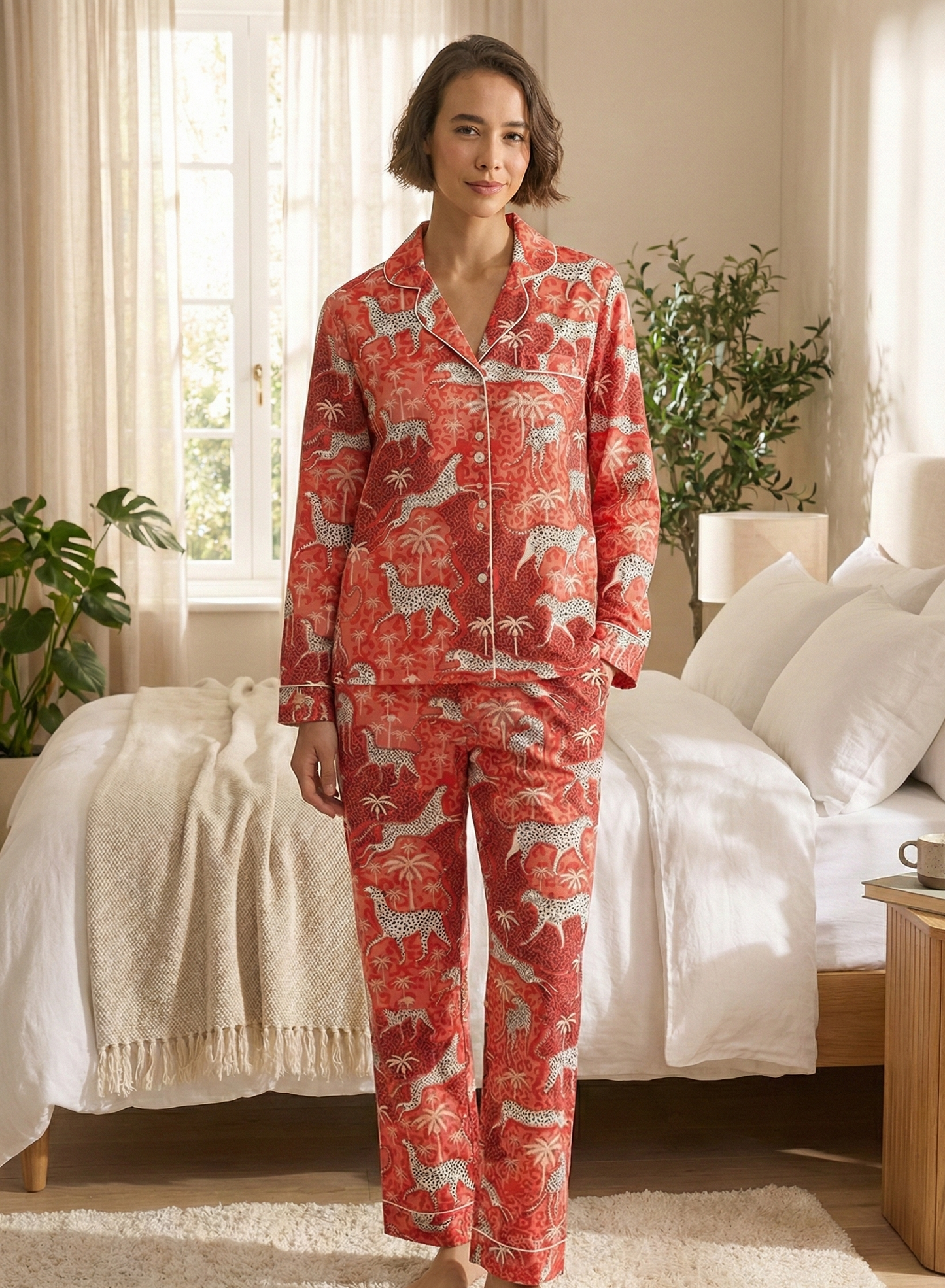 Snow Leopard on Red Women's Satin Pyjama Trouser Set Myza