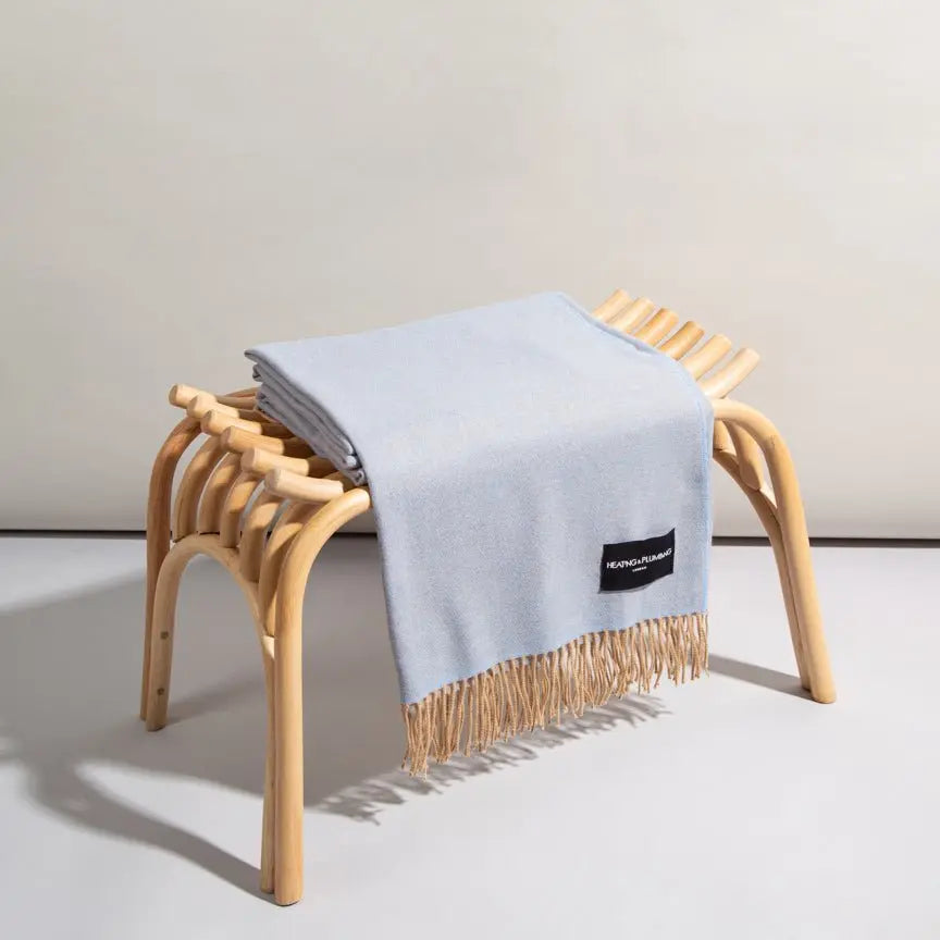 Reversible Baby Blue & Light Brown Love Stories 100% Cashmere Blanket Heating & Plumbing London