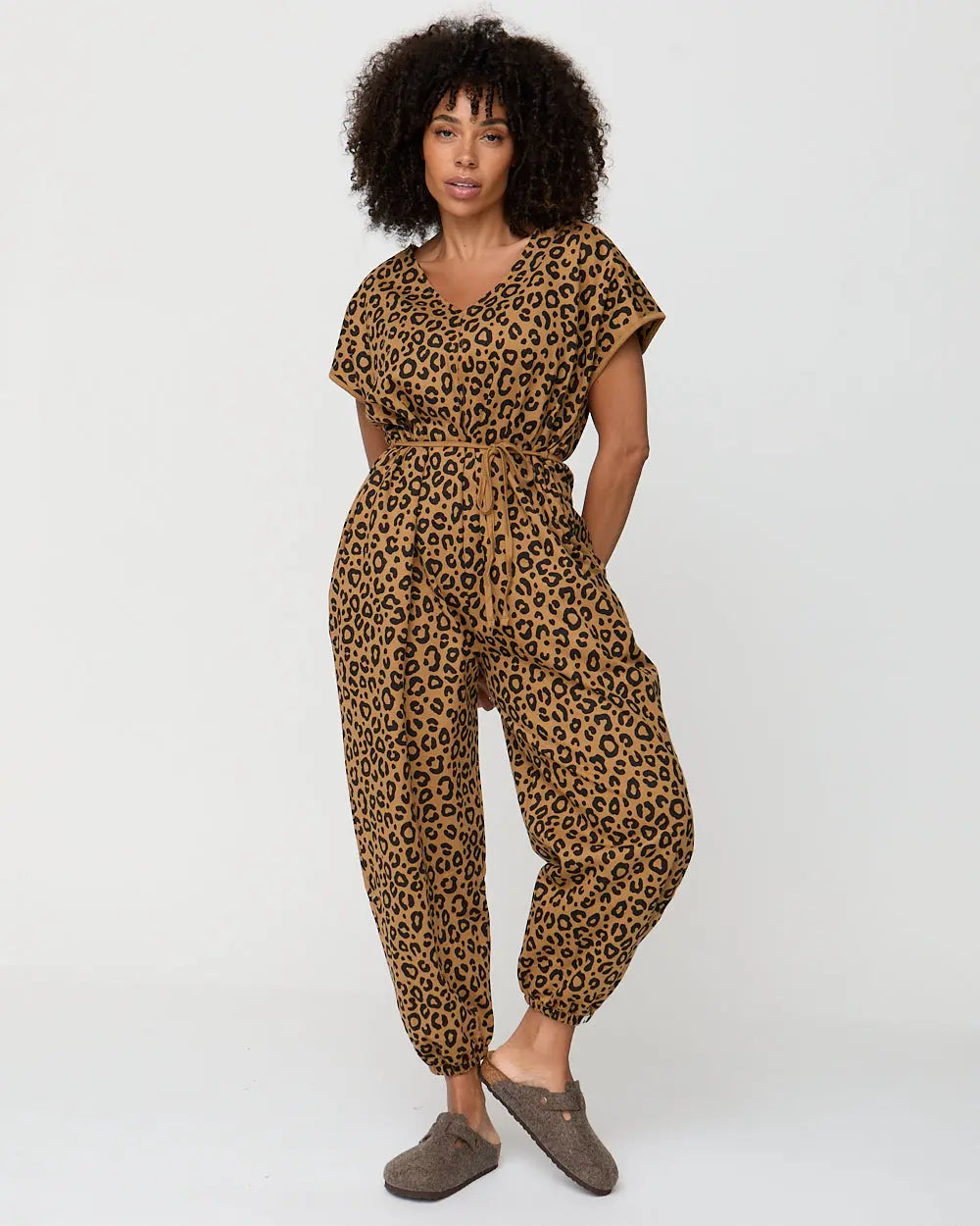 Rita Brown Animal Print Tie Waist Jumpsuit Turtledove London