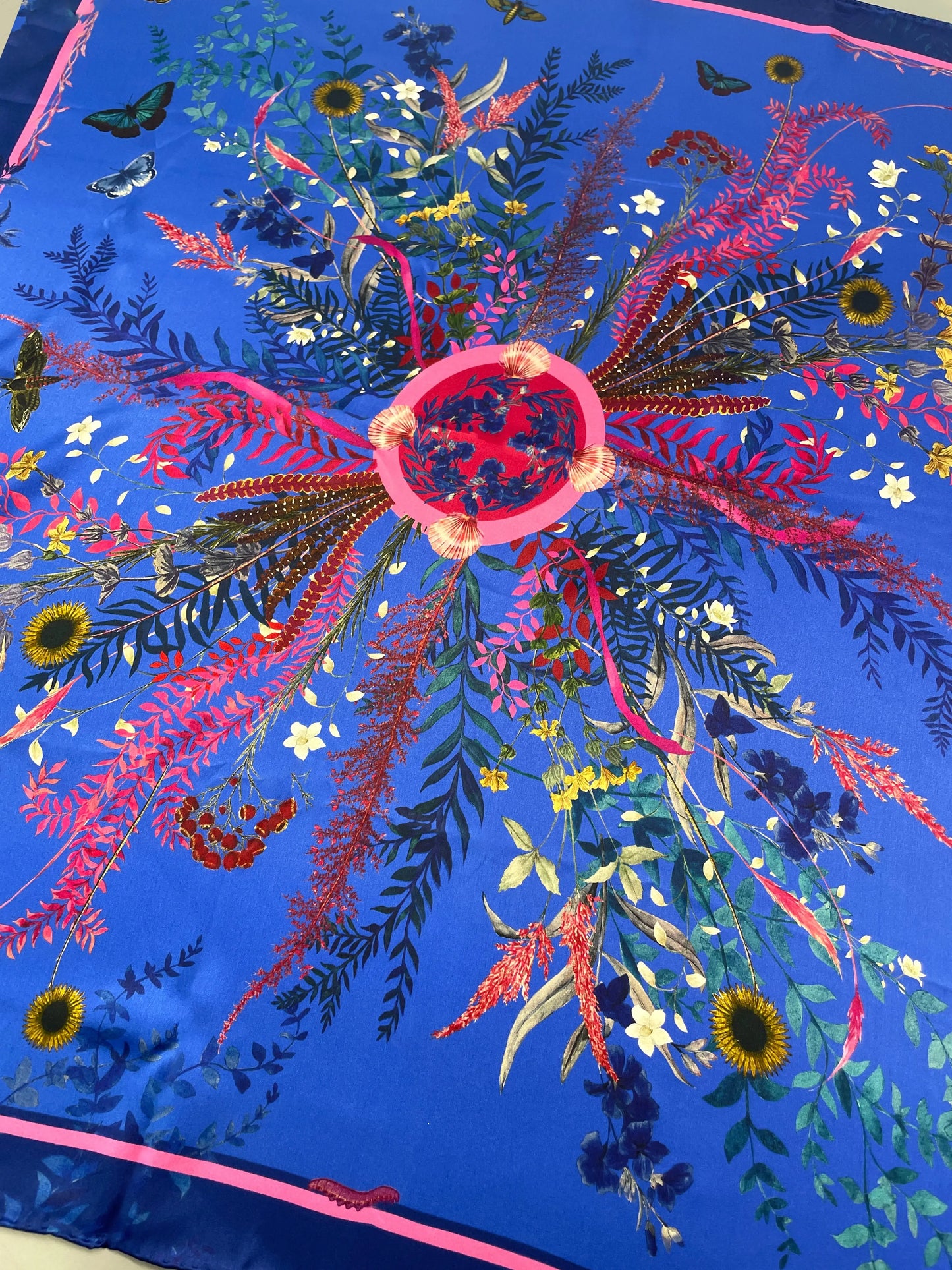 Royal blue ‘Flourish’ floral silk scarf with sunflowers and wildflowers Alice Acreman Silks