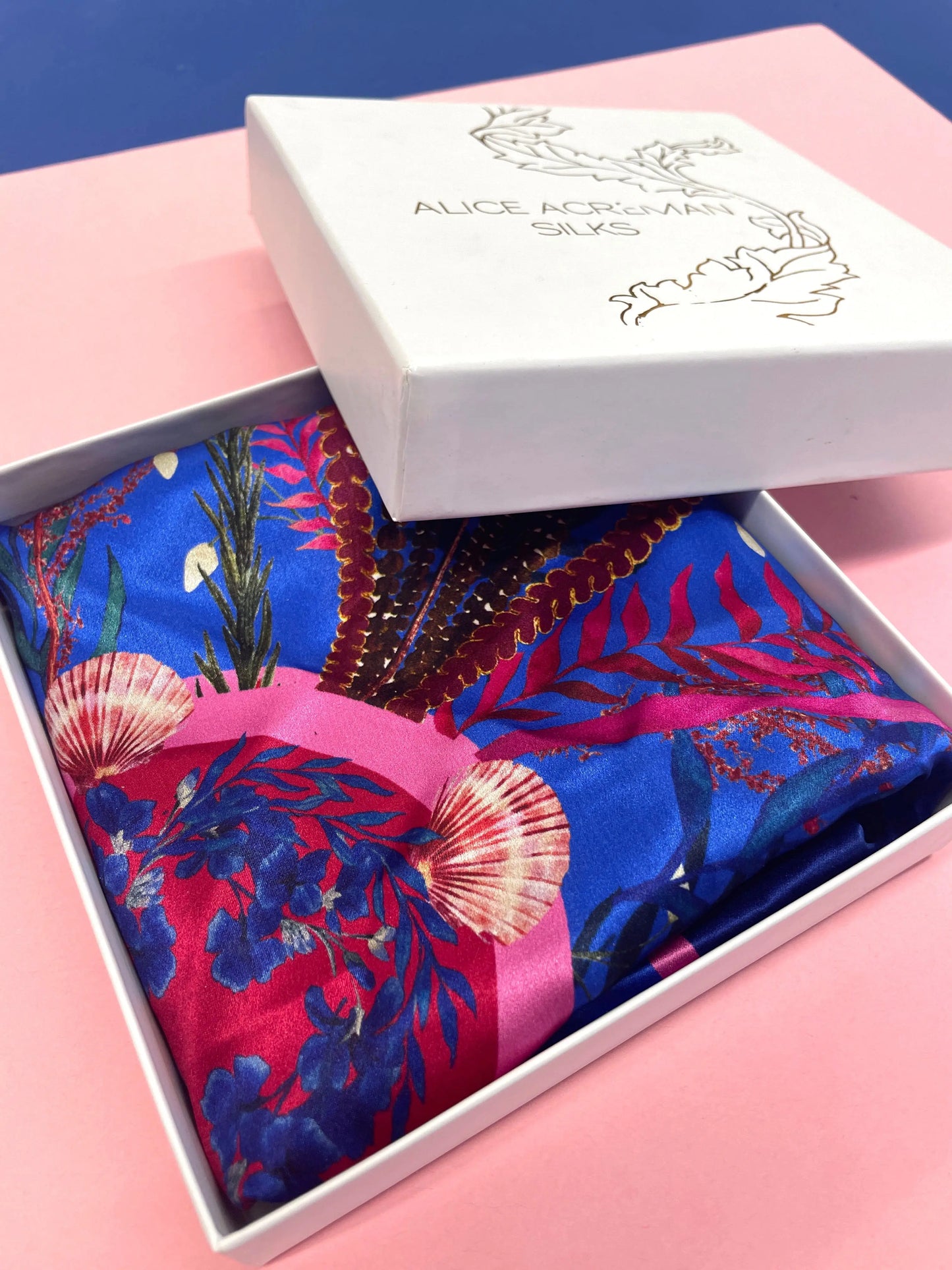 Royal blue ‘Flourish’ floral silk scarf with sunflowers and wildflowers Alice Acreman Silks