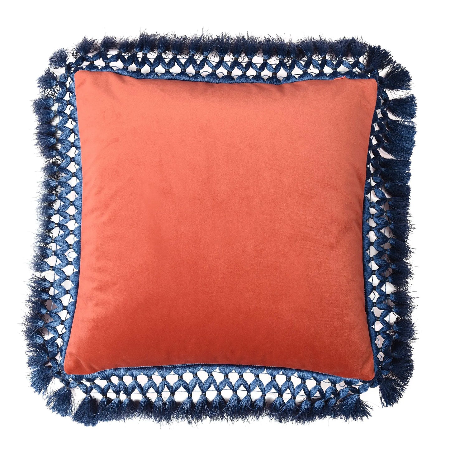 Ruby & Blush Oriental Velvet Cushion With Blue Fringe Bivain