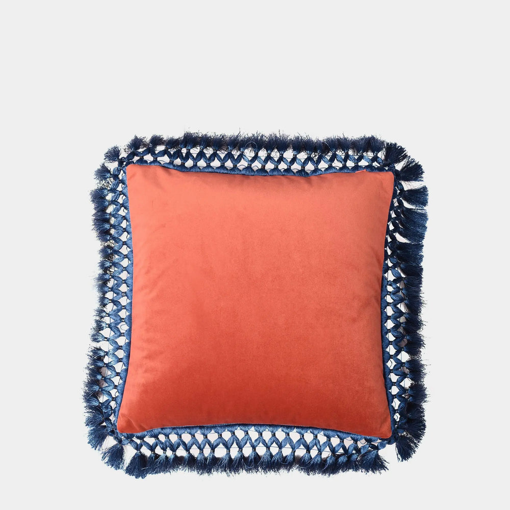 Ruby & Blush Oriental Velvet Cushion With Blue Fringe Bivain