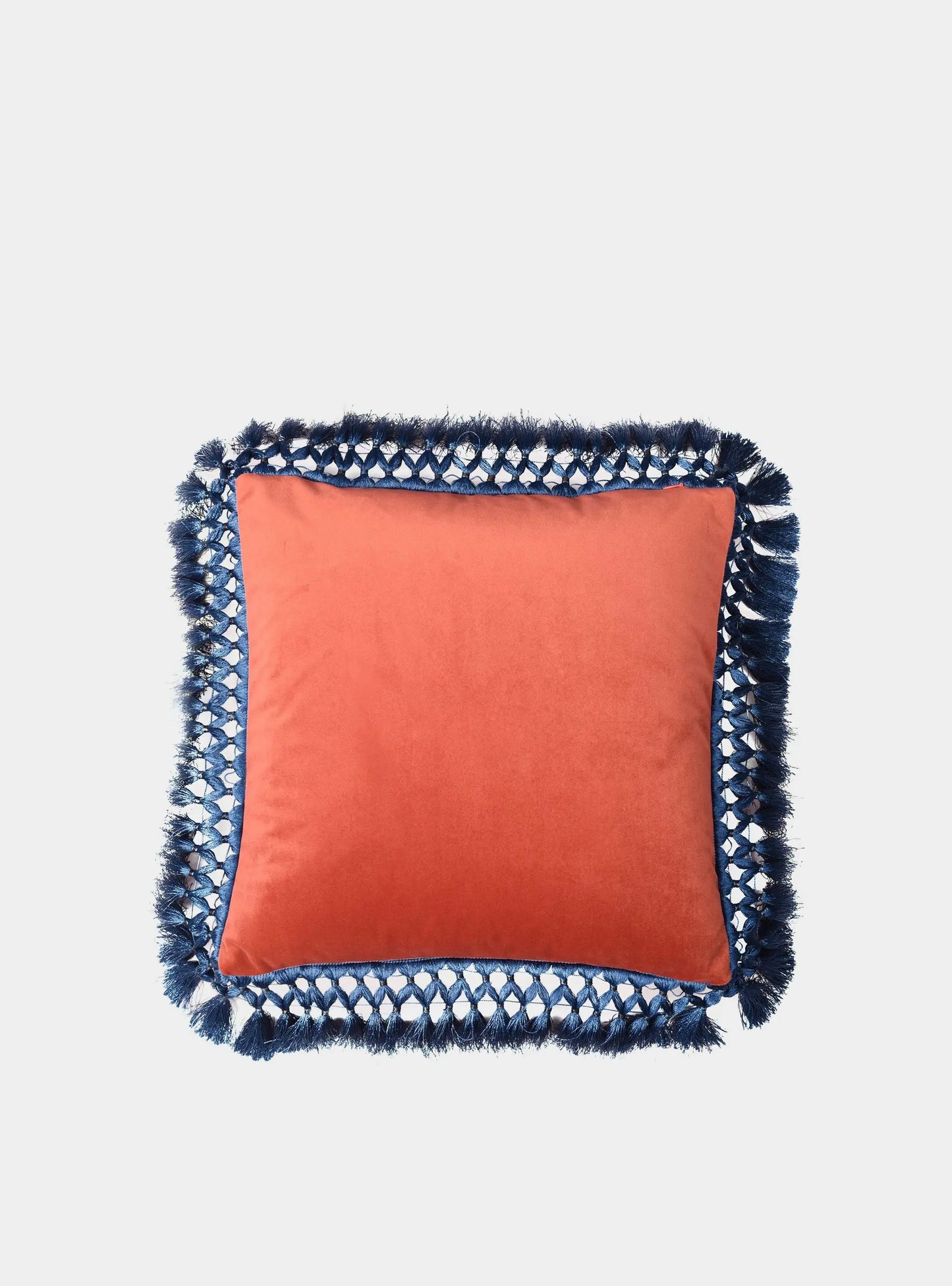 Ruby & Blush Oriental Velvet Cushion With Blue Fringe Bivain