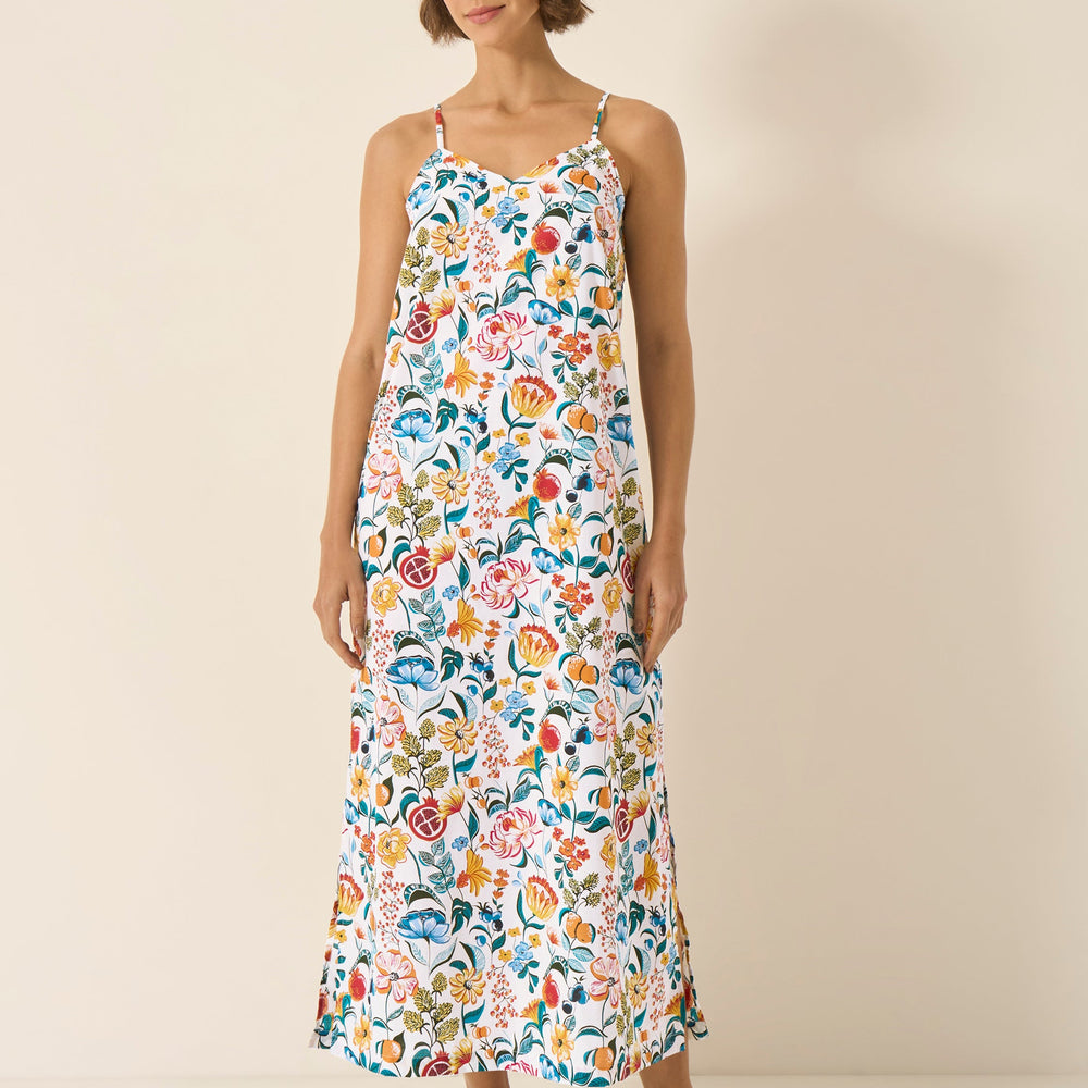 Florals on White Women's a-line Slip Organic Cotton Nightdress Myza