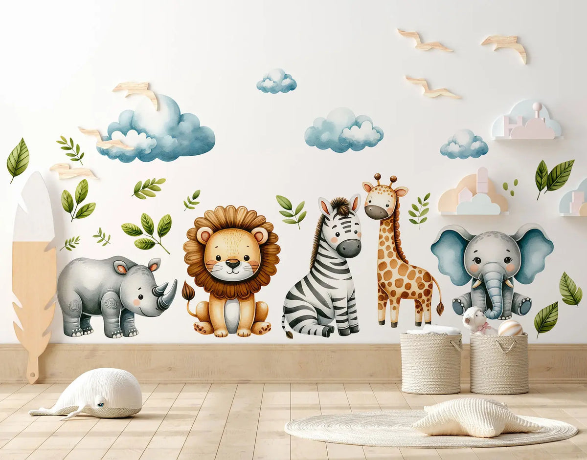 Safari Wall Stickers | Set for Kids | Safari Animals | Wall Decals | Africa Watercolor Decals Set | Nursery Peel and Stick Wall Decor ClickWalls