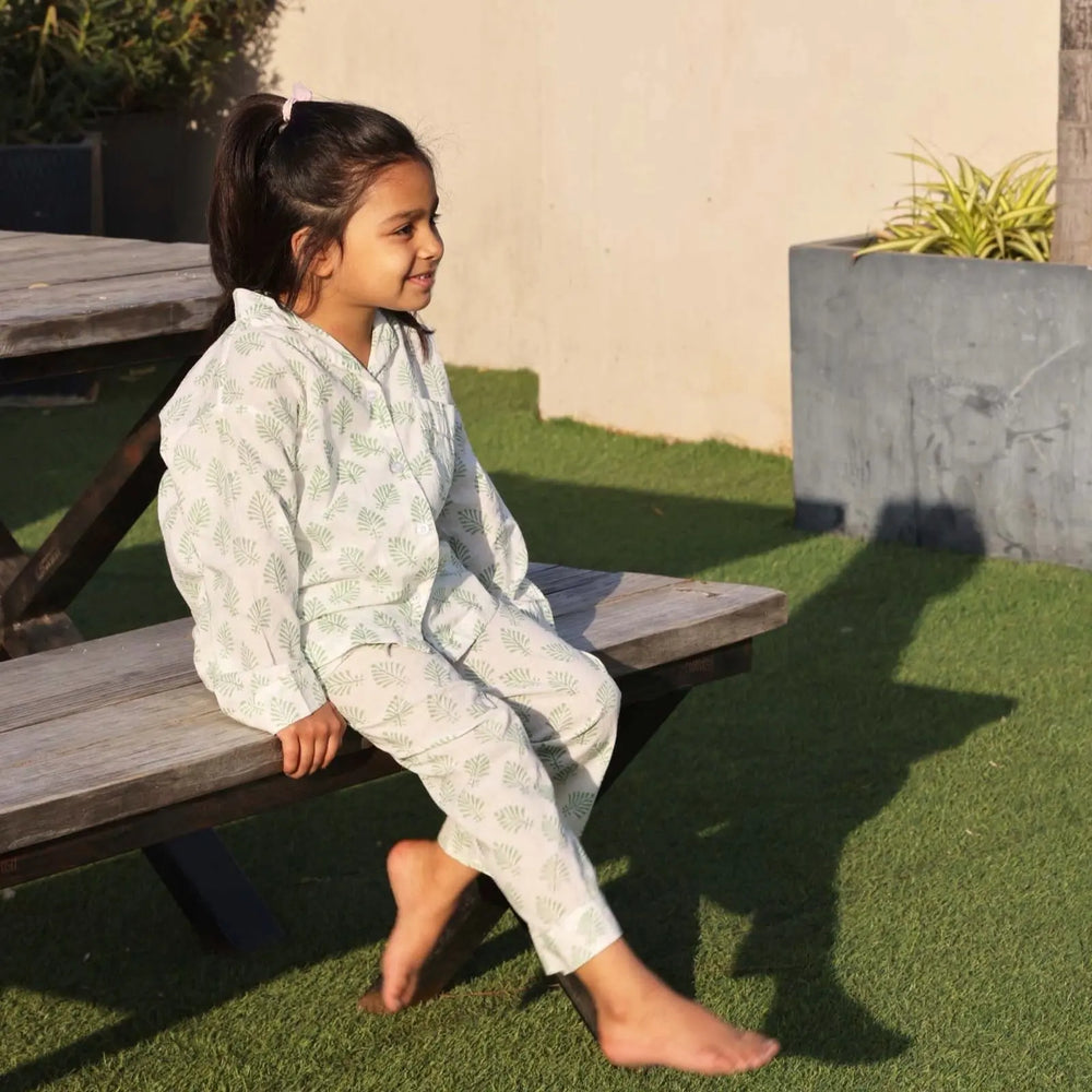 Sage Green Leaf Children's Pyjamas Woo Woo London