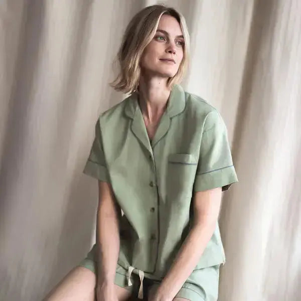 White Linen Blend Women's Pyjama Shorts Set Piglet