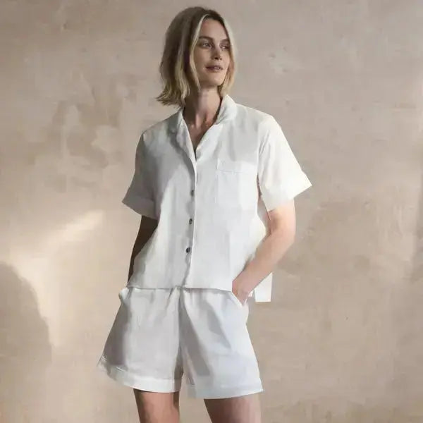 White Linen Blend Women's Pyjama Shorts Set Piglet