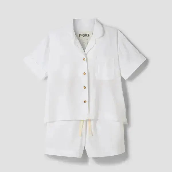 White Linen Blend Women's Pyjama Shorts Set Piglet