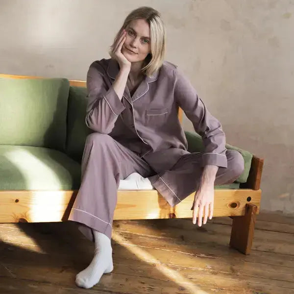 White Linen Blend Women's Pyjama Trouser Set Piglet
