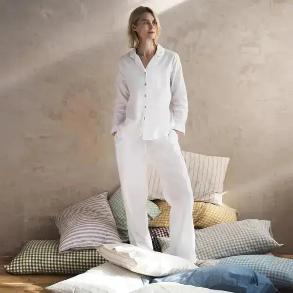 White Linen Blend Women's Pyjama Trouser Set Piglet