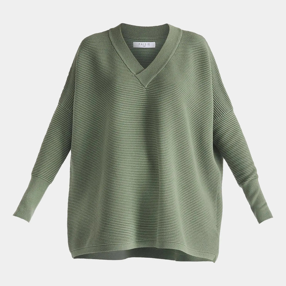 Sage Green V-Neck Ribbed Jumper Paisie