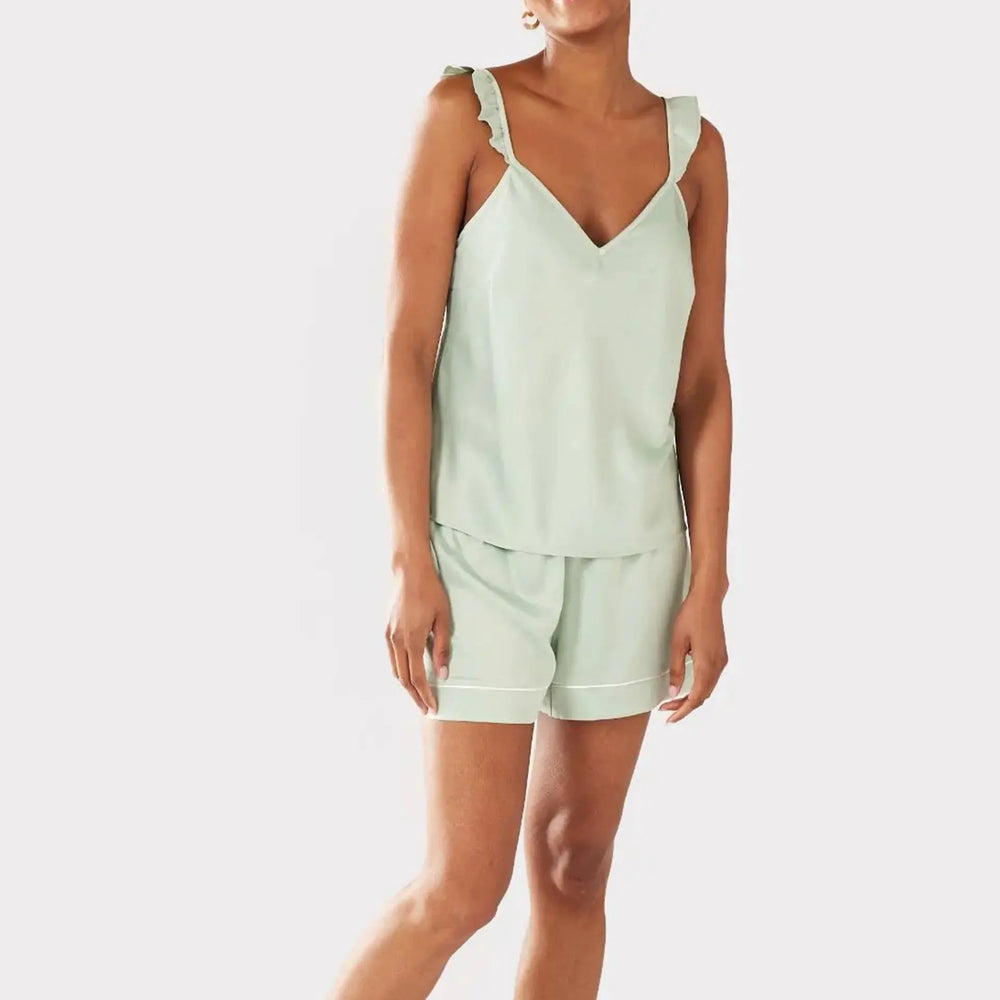 Sage Women's Satin Frill Trim Cami Short Pyjama Set Chelsea Peers