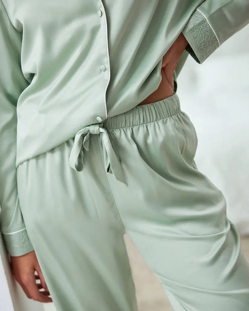Sage Women's Satin Lace Trim Long Pyjama Set Chelsea Peers