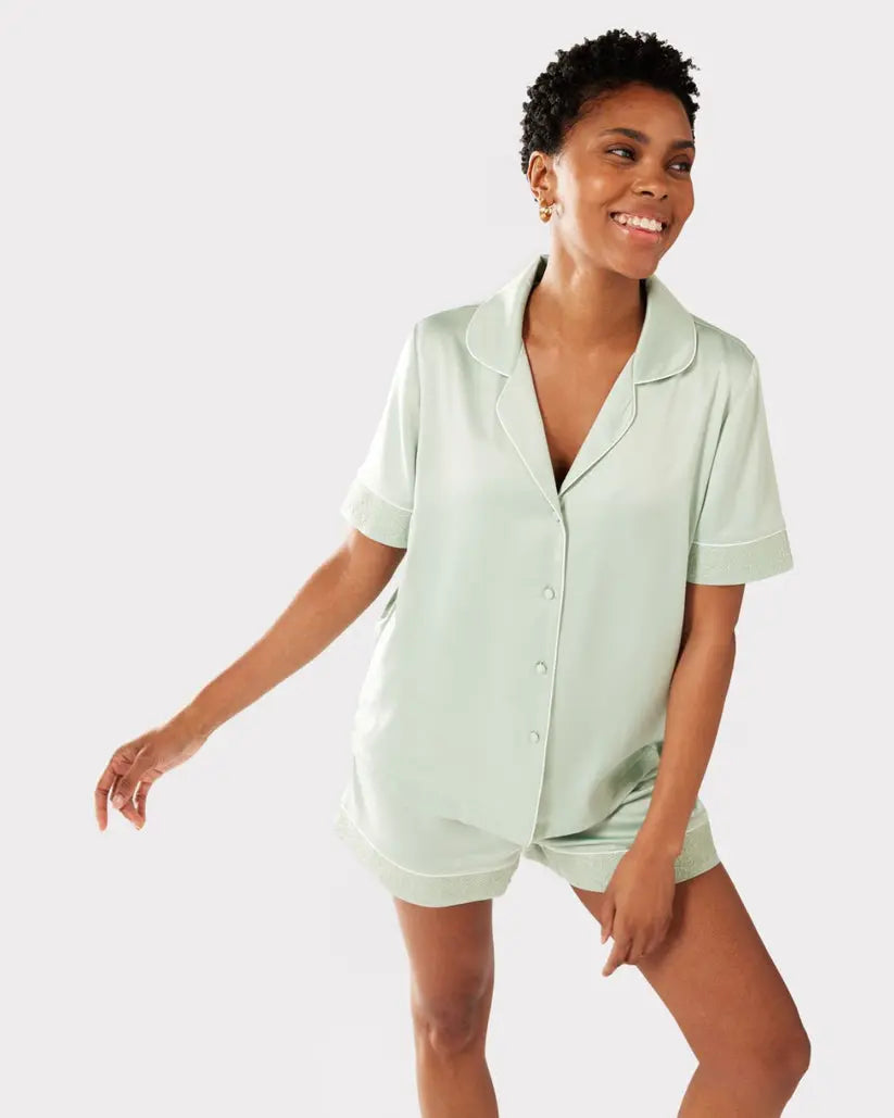 Sage Women's Satin Lace Trim Short Pyjama Set Chelsea Peers