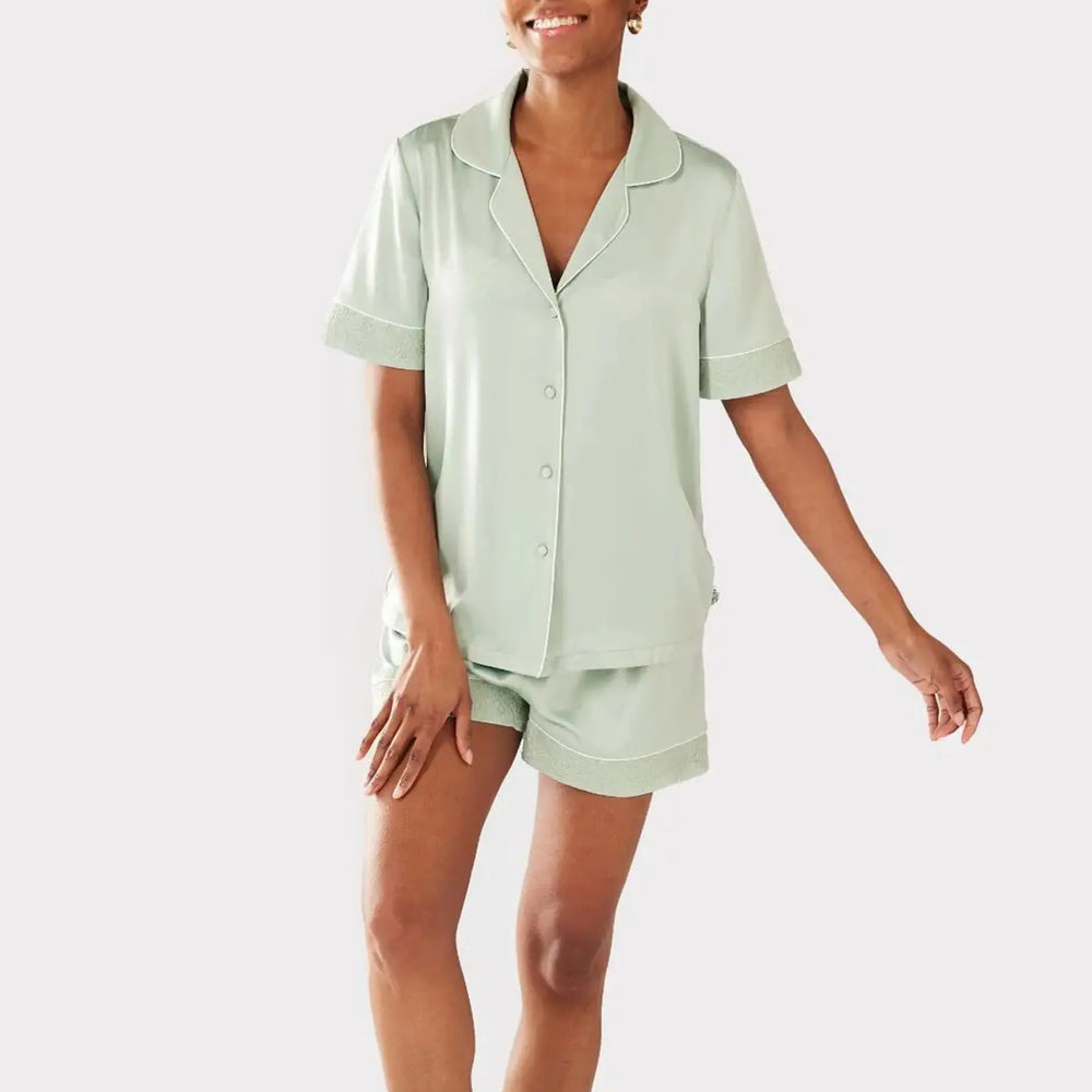 Sage Women's Satin Lace Trim Short Pyjama Set Chelsea Peers