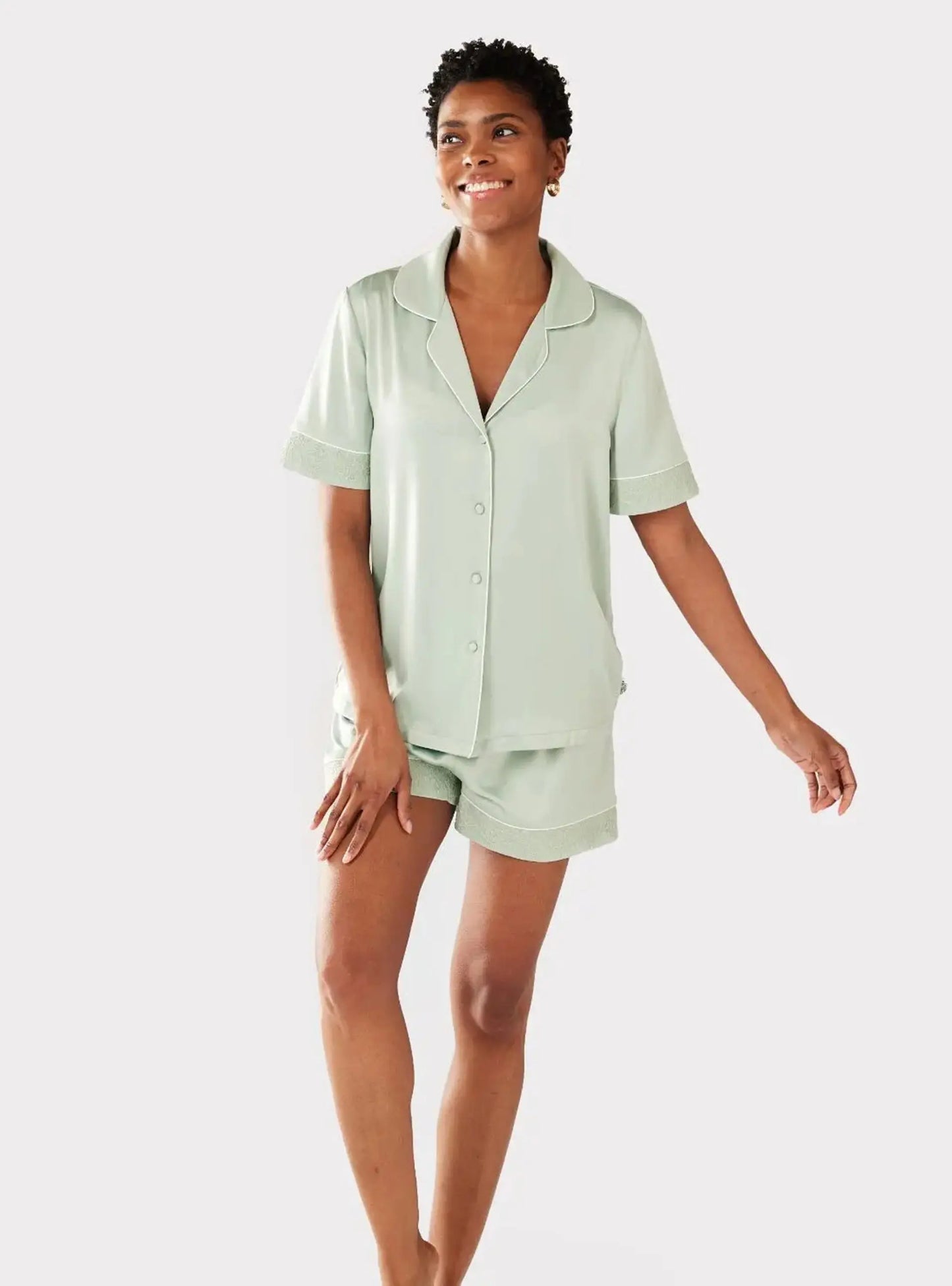 Sage Women's Satin Lace Trim Short Pyjama Set Chelsea Peers