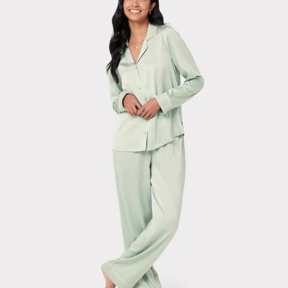 Sage Women's Satin Lace Trim Women's Long Pyjama Set Chelsea Peers
