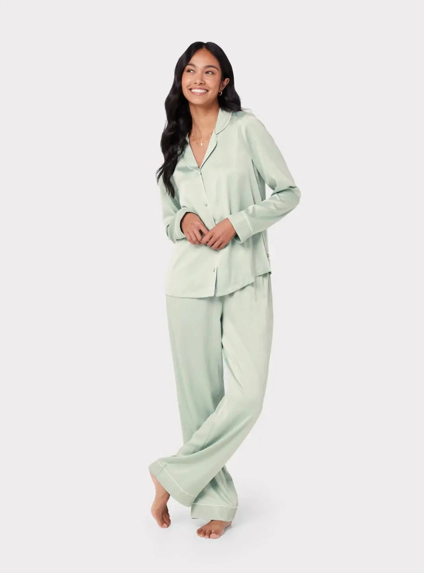 Sage Women's Satin Lace Trim Women's Long Pyjama Set Chelsea Peers