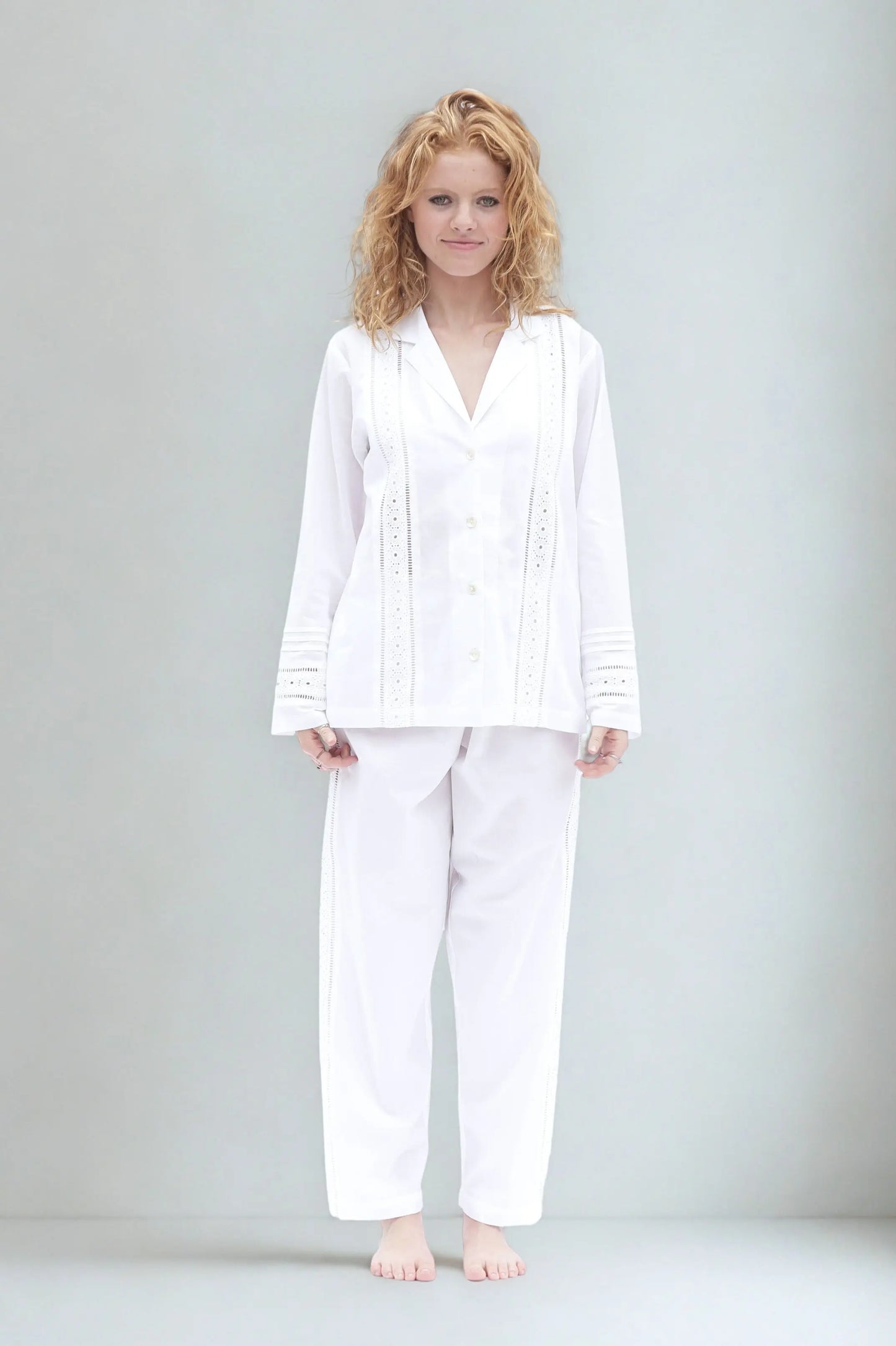 Salvador Long Sleeve Pyjama Set – Organic Cotton, white with Lace Trim AMOKA DALO