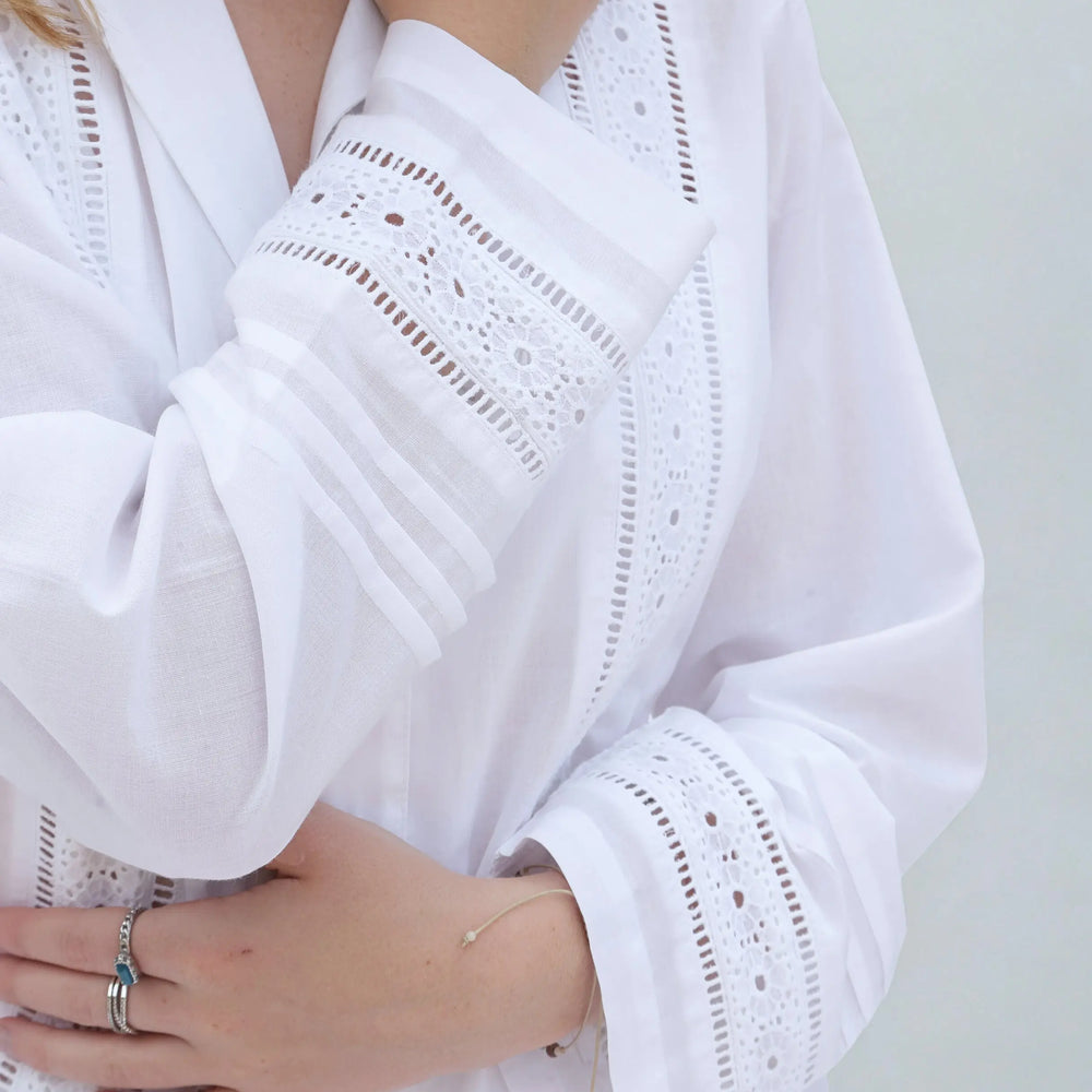 Salvador Long Sleeve Pyjama Set – Organic Cotton, white with Lace Trim AMOKA DALO
