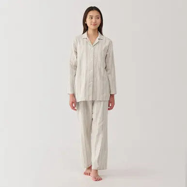 Sand Beige Stripe Women`s Side Seamless Double Gauze Pyjamas MUJI UK