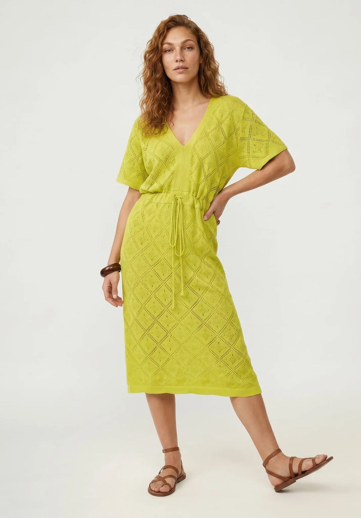 Santorina Knitted Midi Dress In Chartreuse Raffya