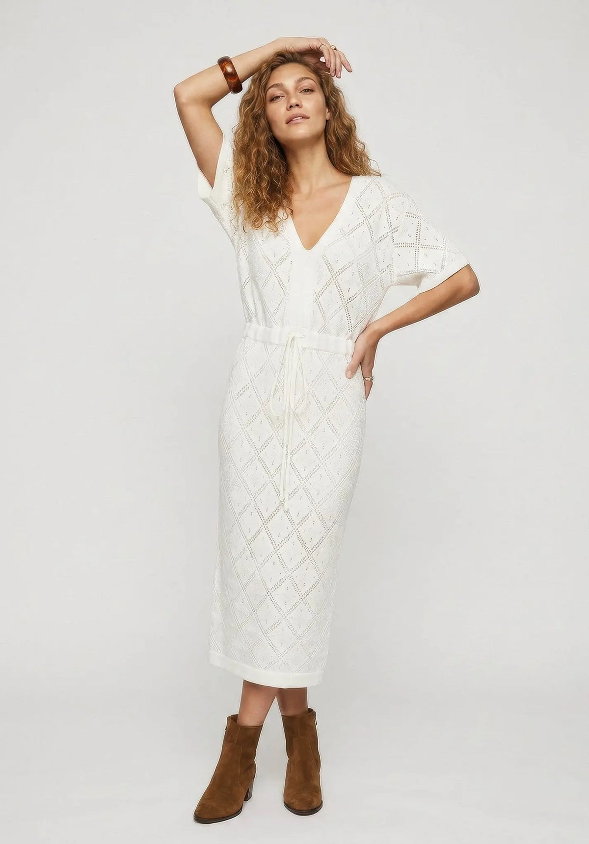 Santorina Knitted Midi Dress In Cream Raffya