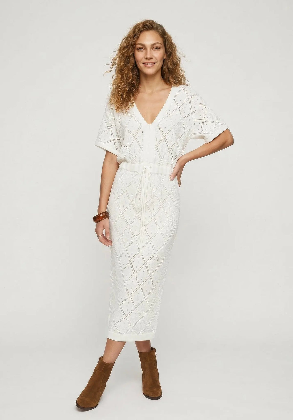 Santorina Knitted Midi Dress In Cream Raffya